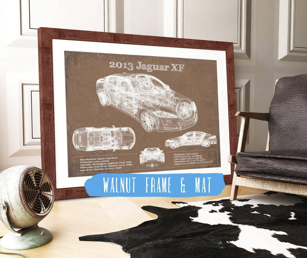 20" x 16" / Walnut Frame & Mat Cutler West 2013 Jaguar XF Blueprint Vintage Auto Print