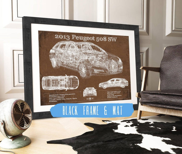 20" x 16" / Black Frame & Mat Cutler West 2013 Peugeot 508 SW Blueprint Vintage Auto Print