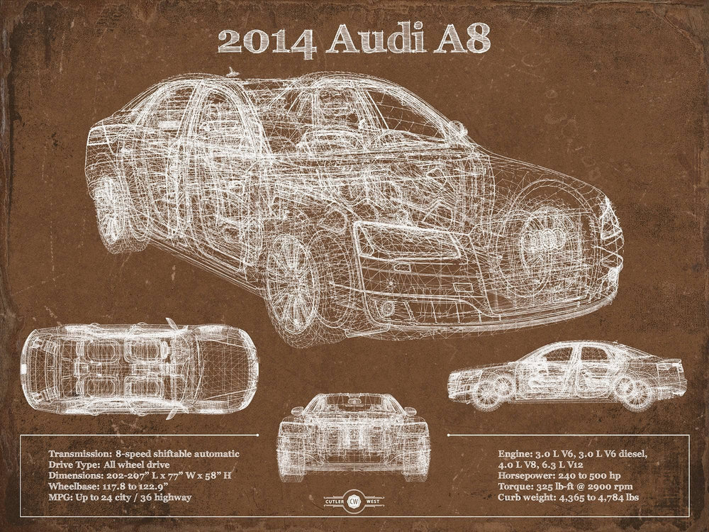 14" x 11" / Stretched Canvas Wrap Cutler West 2014 Audi R8 Vintage Blueprint Auto Print