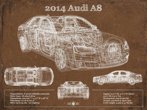 14" x 11" / Unframed Cutler West 2014 Audi R8 Vintage Blueprint Auto Print