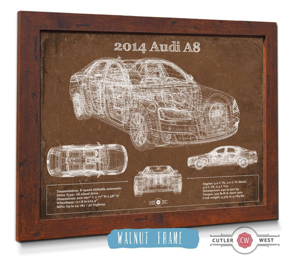 20" x 16" / Walnut Frame Cutler West 2014 Audi R8 Vintage Blueprint Auto Print