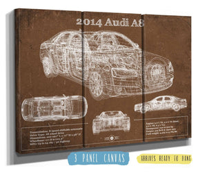 36" x 24" / 3 Panel Canvas Wrap Cutler West 2014 Audi R8 Vintage Blueprint Auto Print