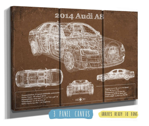 36" x 24" / 3 Panel Canvas Wrap Cutler West 2014 Audi R8 Vintage Blueprint Auto Print