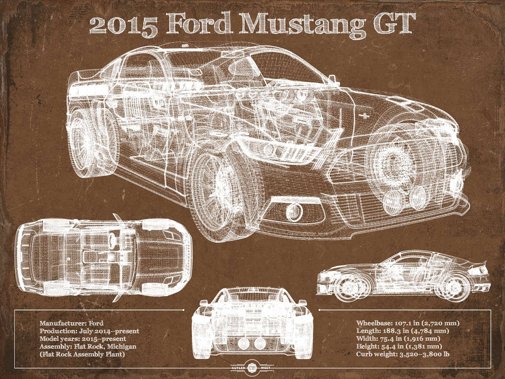 14" x 11" / Stretched Canvas Wrap Cutler West 2015 Ford Mustang GT Eleanor Blueprint Vintage Auto Print