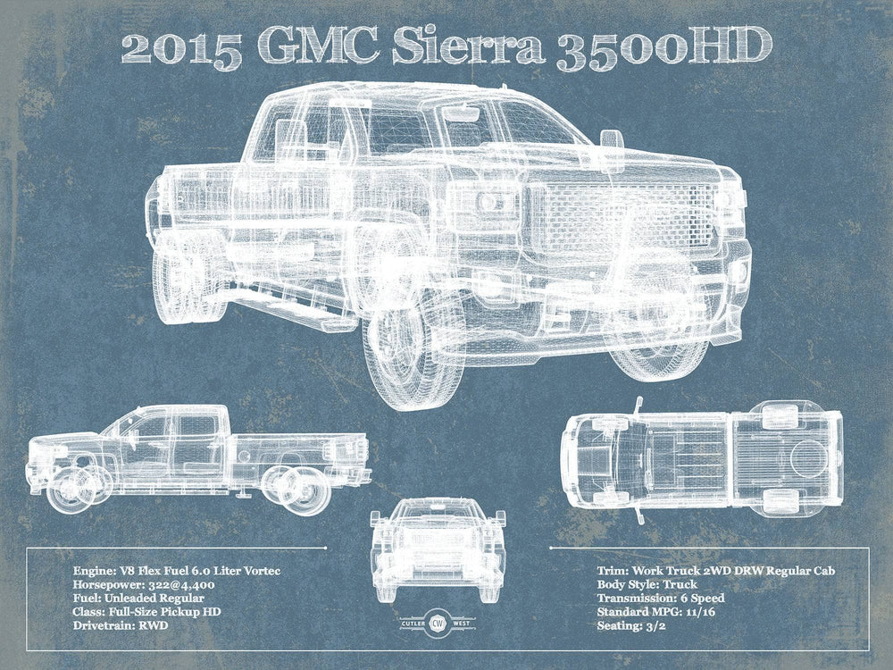 14" x 11" / Stretched Canvas Wrap Cutler West 2015 GMC Sierra 3500HD Vintage Blueprint Auto Print