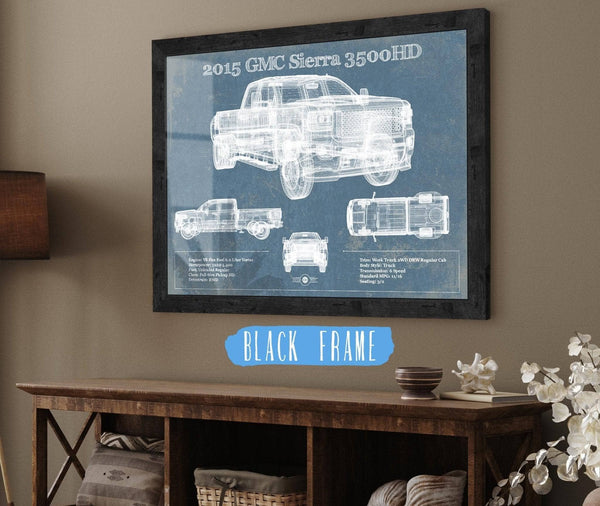 20" x 16" / Black Frame Cutler West 2015 GMC Sierra 3500HD Vintage Blueprint Auto Print