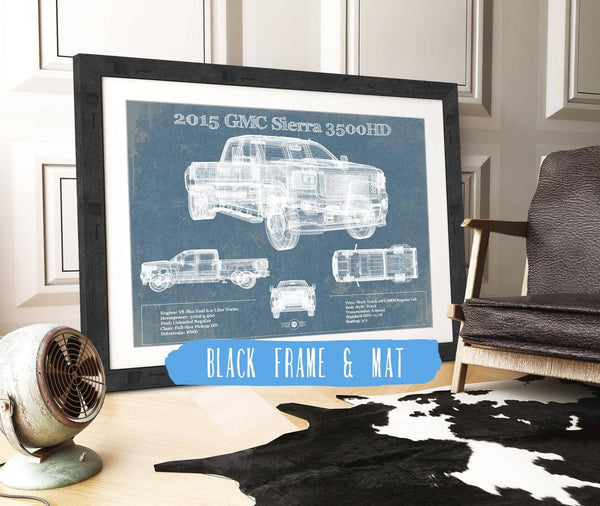 20" x 16" / Black Frame & Mat Cutler West 2015 GMC Sierra 3500HD Vintage Blueprint Auto Print