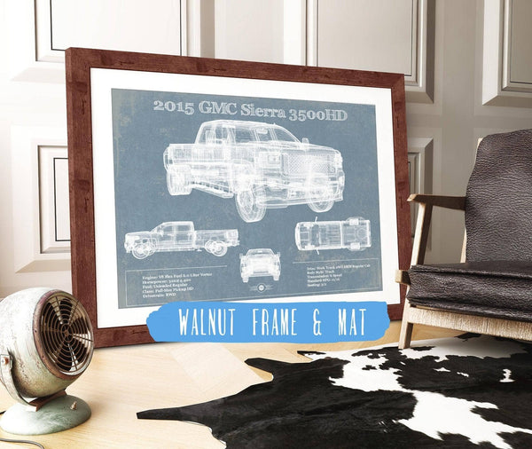 20" x 16" / Walnut Frame & Mat Cutler West 2015 GMC Sierra 3500HD Vintage Blueprint Auto Print