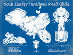 14" x 11" / Unframed Cutler West 2015 Harley Davidson Road Glide Blueprint Vintage Motorcycle Print