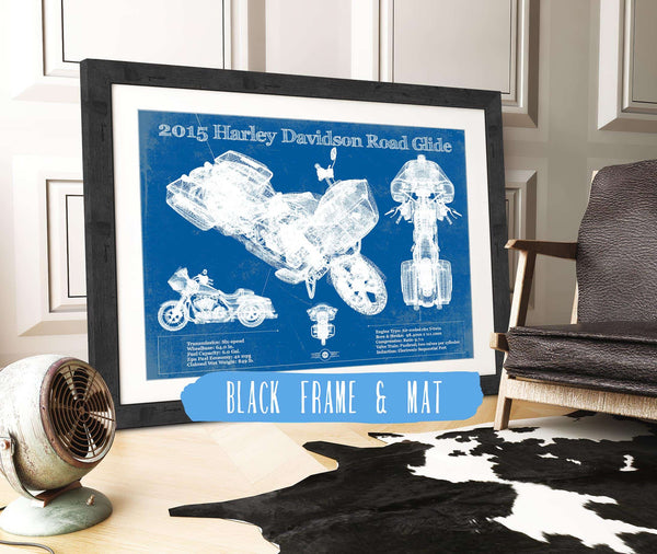 20" x 16" / Black Frame & Mat Cutler West 2015 Harley Davidson Road Glide Blueprint Vintage Motorcycle Print