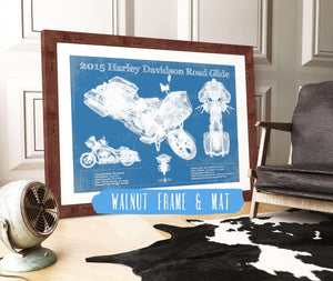 20" x 16" / Walnut Frame & Mat Cutler West 2015 Harley Davidson Road Glide Blueprint Vintage Motorcycle Print