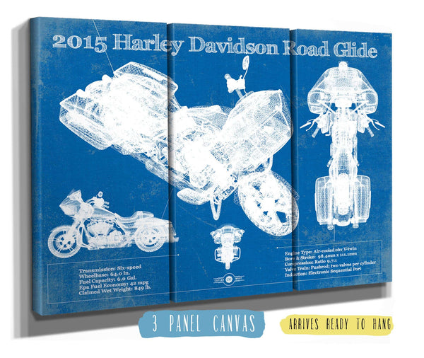 36" x 24" / 3 Panel Canvas Wrap Cutler West 2015 Harley Davidson Road Glide Blueprint Vintage Motorcycle Print