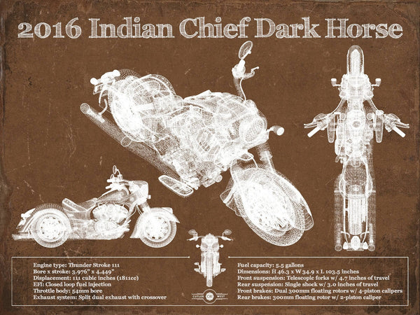 14" x 11" / Unframed Cutler West 2016-2019 Indian Chief Dark Horse Motorcycle Patent Print