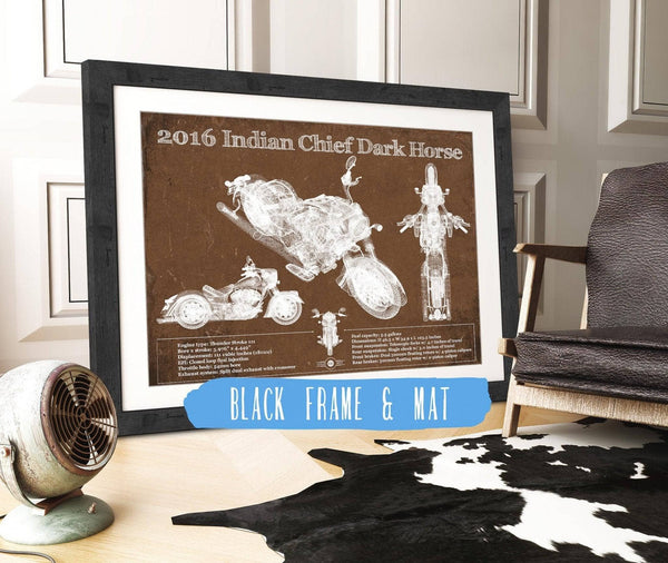 20" x 16" / Black Frame & Mat Cutler West 2016-2019 Indian Chief Dark Horse Motorcycle Patent Print