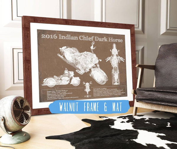 20" x 16" / Walnut Frame & Mat Cutler West 2016-2019 Indian Chief Dark Horse Motorcycle Patent Print
