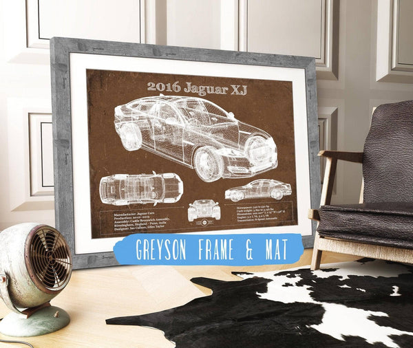 14" x 11" / Greyson Frame & Mat Cutler West 2016 Jaguar XJ Car Original Blueprint Art