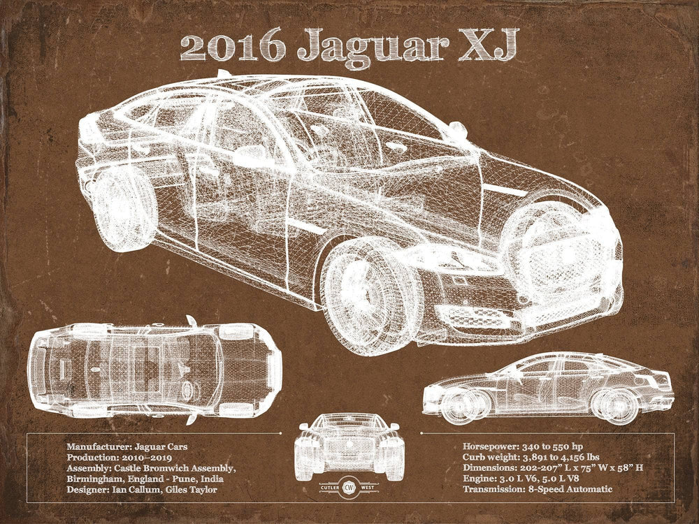 14" x 11" / Stretched Canvas Wrap Cutler West 2016 Jaguar XJ Car Original Blueprint Art