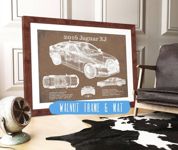 20" x 16" / Walnut Frame & Mat Cutler West 2016 Jaguar XJ Car Original Blueprint Art