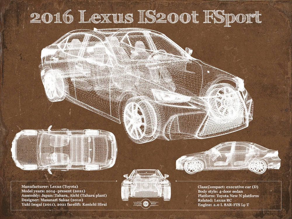 14" x 11" / Stretched Canvas Wrap Cutler West 2016 Lexus IS (XE30) 200t F Sport (2017) Blueprint Auto Print