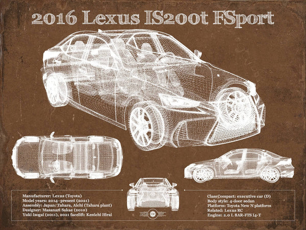 14" x 11" / Unframed Cutler West 2016 Lexus IS (XE30) 200t F Sport (2017) Blueprint Auto Print