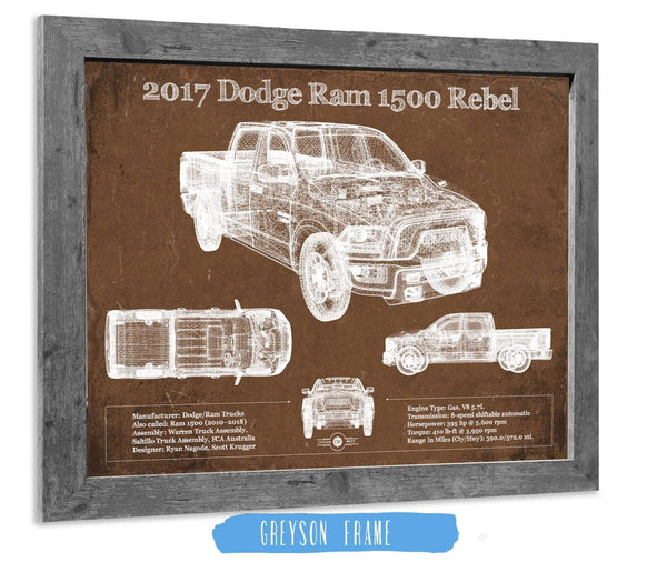 14" x 11" / Greyson Frame Cutler West 2017 Dodge Ram 1500 Rebel Truck Vintage Blueprint Auto Print