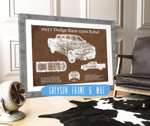 14" x 11" / Greyson Frame & Mat Cutler West 2017 Dodge Ram 1500 Rebel Truck Vintage Blueprint Auto Print