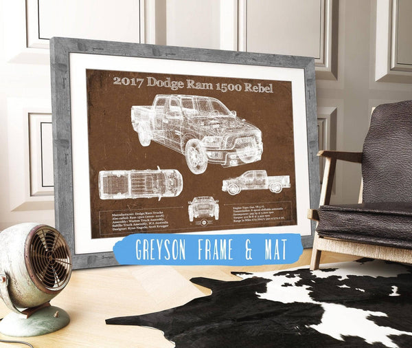 14" x 11" / Greyson Frame & Mat Cutler West 2017 Dodge Ram 1500 Rebel Truck Vintage Blueprint Auto Print