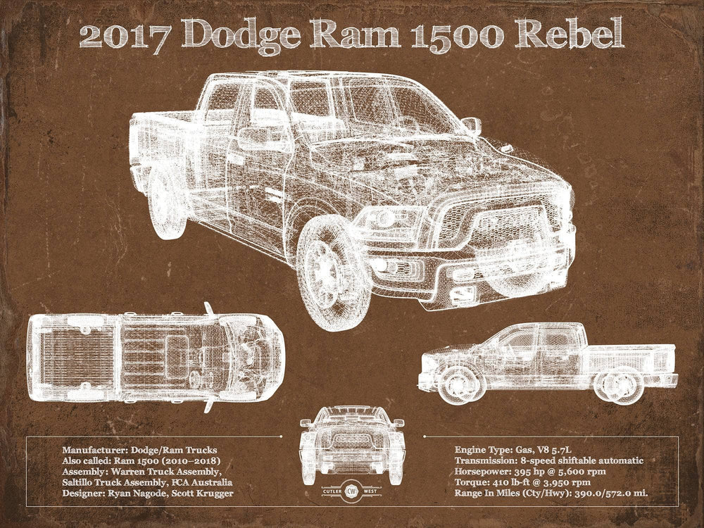 14" x 11" / Stretched Canvas Wrap Cutler West 2017 Dodge Ram 1500 Rebel Truck Vintage Blueprint Auto Print