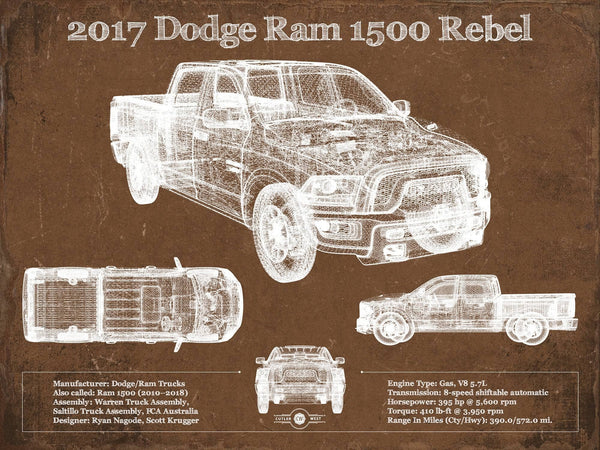 14" x 11" / Unframed Cutler West 2017 Dodge Ram 1500 Rebel Truck Vintage Blueprint Auto Print