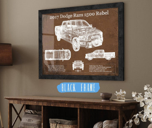 20" x 16" / Black Frame Cutler West 2017 Dodge Ram 1500 Rebel Truck Vintage Blueprint Auto Print
