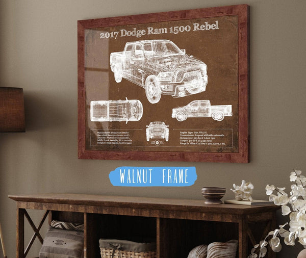 20" x 16" / Walnut Frame Cutler West 2017 Dodge Ram 1500 Rebel Truck Vintage Blueprint Auto Print