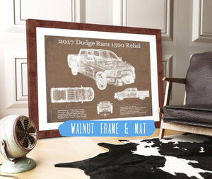 20" x 16" / Walnut Frame & Mat Cutler West 2017 Dodge Ram 1500 Rebel Truck Vintage Blueprint Auto Print