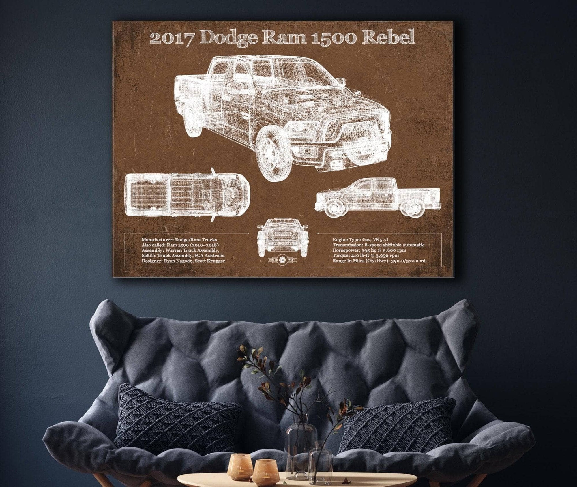 Cutler West Dodge Collection 2017 Dodge Ram 1500 Rebel Truck Vintage Blueprint Auto Print