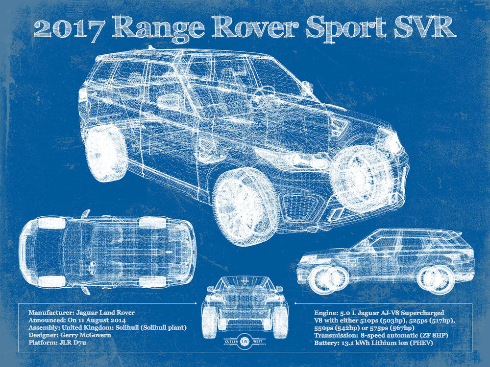 14" x 11" / Stretched Canvas Wrap Cutler West 2017 Land Rover Range Rover Sport SVR Vintage Blueprint Auto Print