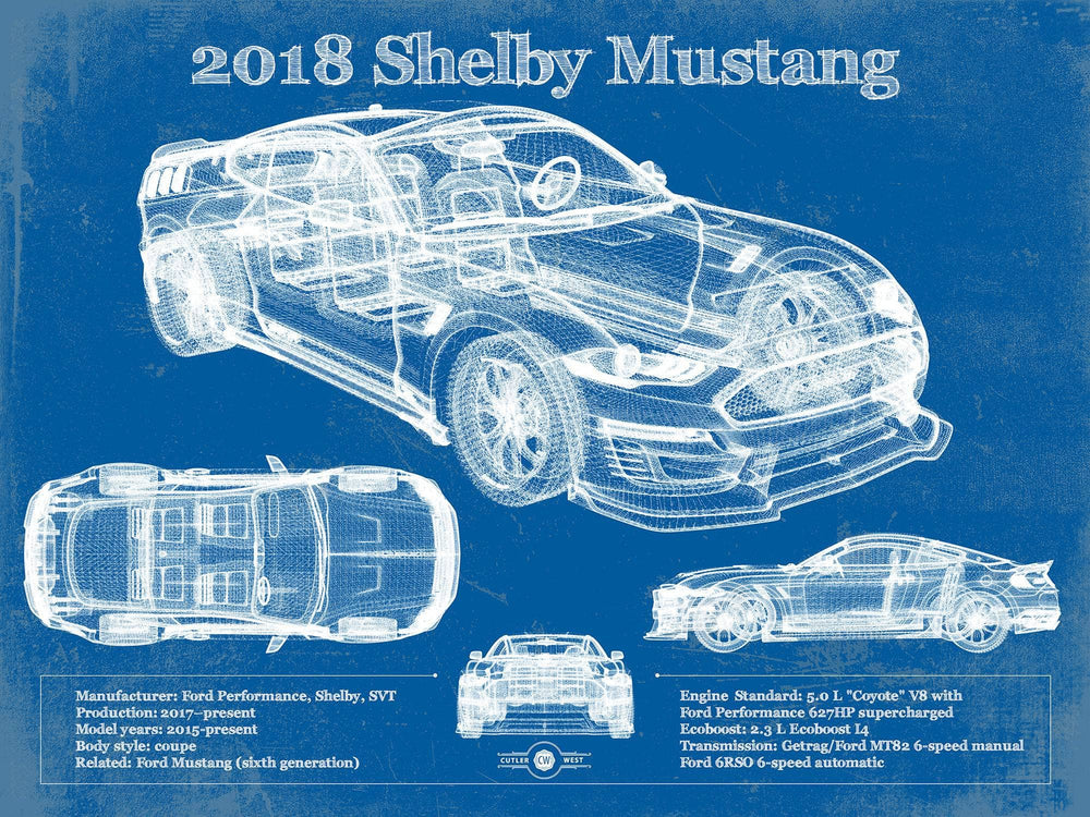 14" x 11" / Stretched Canvas Wrap Cutler West 2018 Ford Mustang Shelby Super Snake Coupe Blueprint Vintage Auto Print