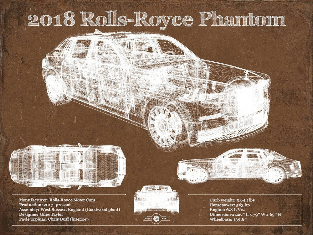 14" x 11" / Unframed Cutler West 2018 Rolls Royce Phantom Vintage Blueprint Auto Print