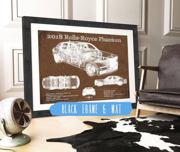 20" x 16" / Black Frame & Mat Cutler West 2018 Rolls Royce Phantom Vintage Blueprint Auto Print