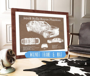 20" x 16" / Walnut Frame & Mat Cutler West 2018 Rolls Royce Phantom Vintage Blueprint Auto Print