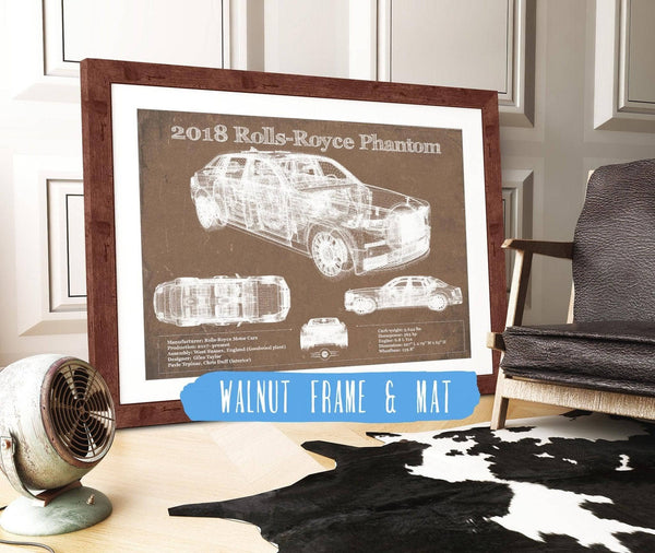 20" x 16" / Walnut Frame & Mat Cutler West 2018 Rolls Royce Phantom Vintage Blueprint Auto Print