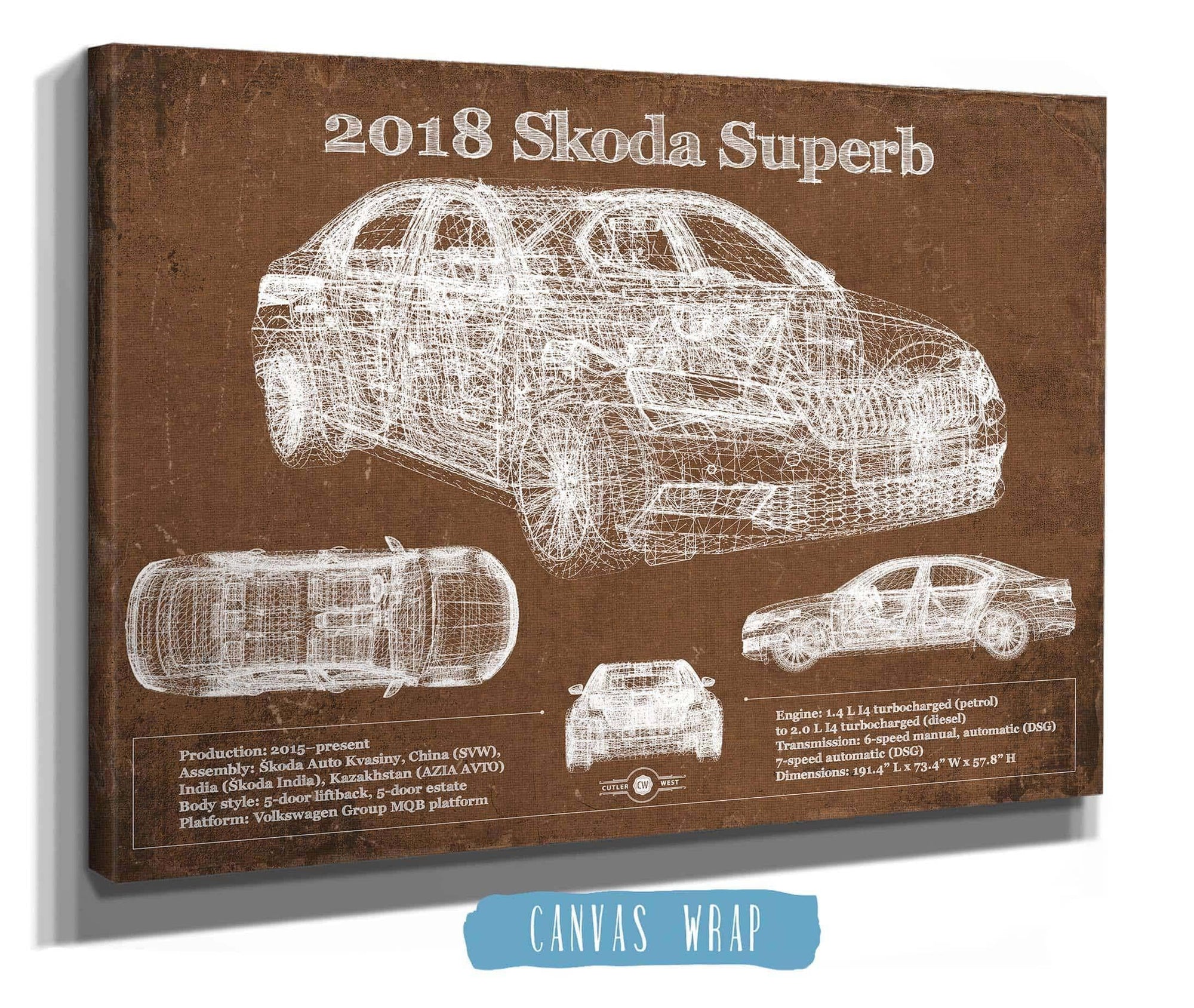 Cutler West Vehicle Collection 2018 Skoda Superb Vintage Blueprint Auto Print
