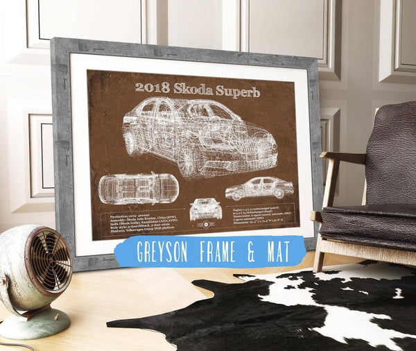 14" x 11" / Greyson Frame & Mat Cutler West 2018 Skoda Superb Vintage Blueprint Auto Print