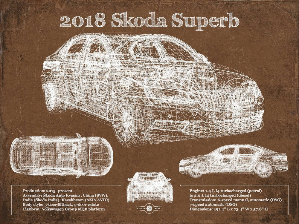 14" x 11" / Stretched Canvas Wrap Cutler West 2018 Skoda Superb Vintage Blueprint Auto Print