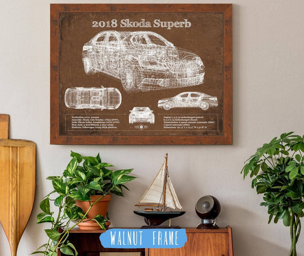 20" x 16" / Black Frame Cutler West 2018 Skoda Superb Vintage Blueprint Auto Print