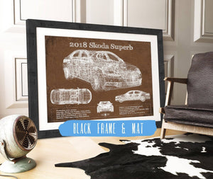 20" x 16" / Black Frame & Mat Cutler West 2018 Skoda Superb Vintage Blueprint Auto Print