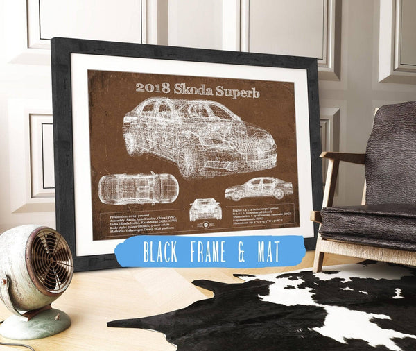 20" x 16" / Black Frame & Mat Cutler West 2018 Skoda Superb Vintage Blueprint Auto Print