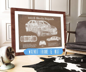 20" x 16" / Walnut Frame & Mat Cutler West 2018 Skoda Superb Vintage Blueprint Auto Print
