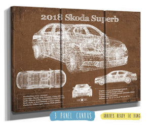 36" x 24" / 3 Panel Canvas Wrap Cutler West 2018 Skoda Superb Vintage Blueprint Auto Print