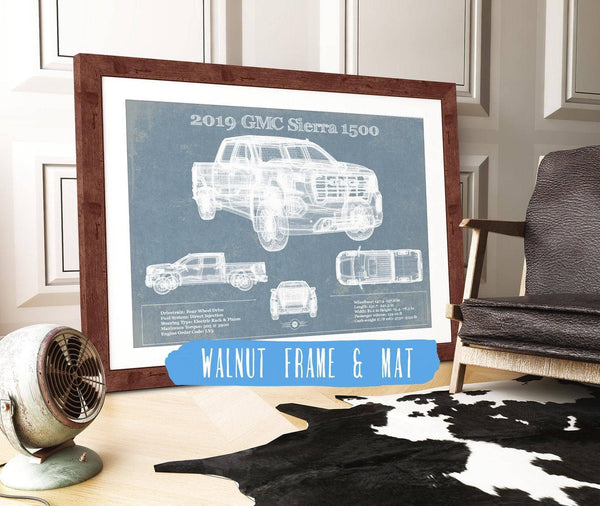 20" x 16" / Walnut Frame & Mat Cutler West 2019 GMC Sierra 1500 Vintage Blueprint Auto Print