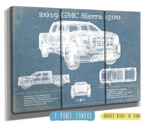 36" x 24" / 3 Panel Canvas Wrap Cutler West 2019 GMC Sierra 1500 Vintage Blueprint Auto Print