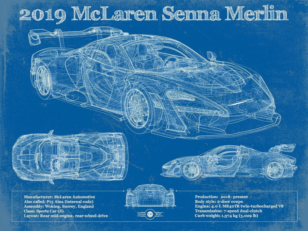 14" x 11" / Stretched Canvas Wrap Cutler West 2019 Mclaren Senna Merlin Vintage Blueprint Auto Print